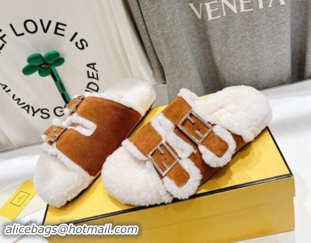 Buy Luxury Fendi Feel Flat Slides Sandals in Suede and Shearling Brown 930111