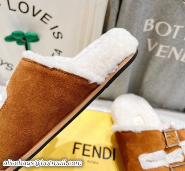 Buy Luxury Fendi Feel Flat Slides Sandals in Suede and Shearling Brown 930111