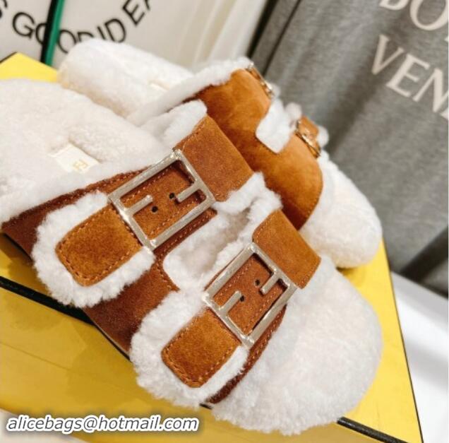 Buy Luxury Fendi Feel Flat Slides Sandals in Suede and Shearling Brown 930111