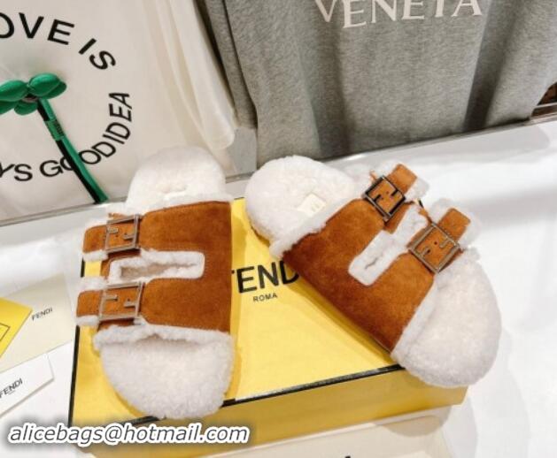 Buy Luxury Fendi Feel Flat Slides Sandals in Suede and Shearling Brown 930111