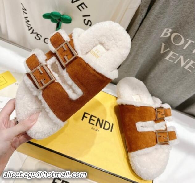 Buy Luxury Fendi Feel Flat Slides Sandals in Suede and Shearling Brown 930111