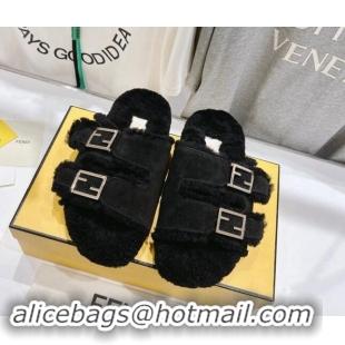 Duplicate Fendi Feel Flat Slides Sandals in Suede and Shearling Black 0930112