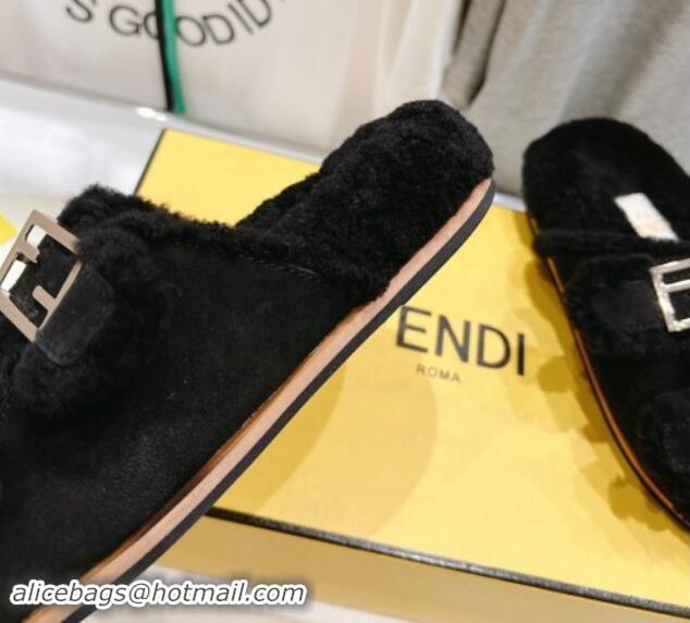 Duplicate Fendi Feel Flat Slides Sandals in Suede and Shearling Black 0930112