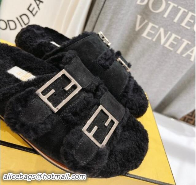 Duplicate Fendi Feel Flat Slides Sandals in Suede and Shearling Black 0930112