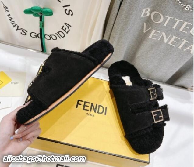 Duplicate Fendi Feel Flat Slides Sandals in Suede and Shearling Black 0930112