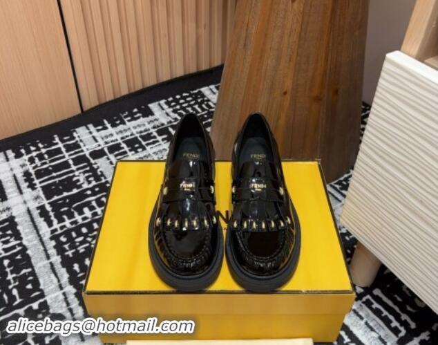 Classic Hot Fendi Filo Platform Loafers 4cm in Shiny Leather with Tassel Black 930113