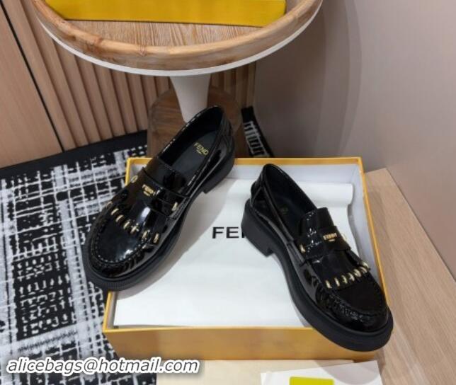 Classic Hot Fendi Filo Platform Loafers 4cm in Shiny Leather with Tassel Black 930113