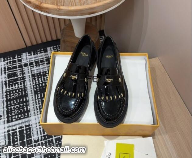 Classic Hot Fendi Filo Platform Loafers 4cm in Shiny Leather with Tassel Black 930113