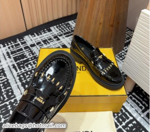 Classic Hot Fendi Filo Platform Loafers 4cm in Shiny Leather with Tassel Black 930113