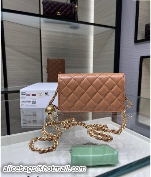 Buy Discount Chanel Lambskin Phone Holder with Chain and Gold-Tone Ball AP3071 Brown 2024