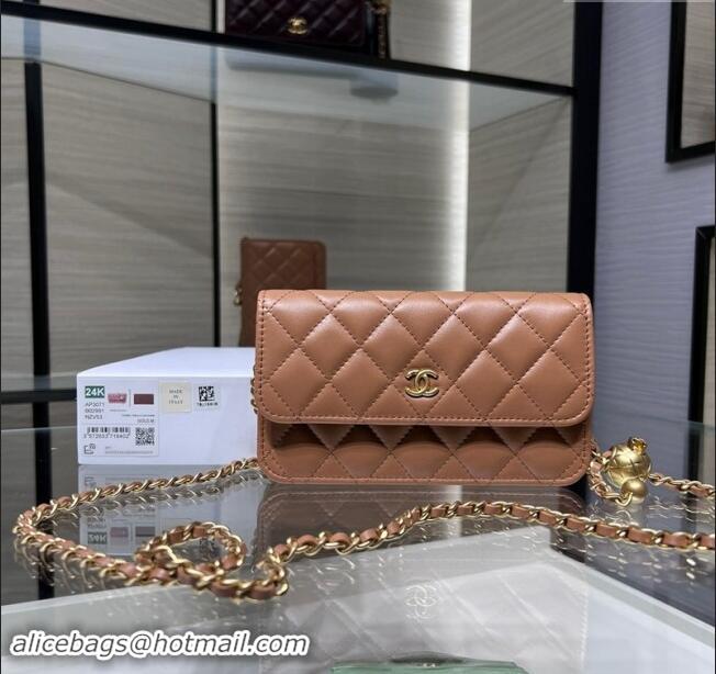 Buy Discount Chanel Lambskin Phone Holder with Chain and Gold-Tone Ball AP3071 Brown 2024