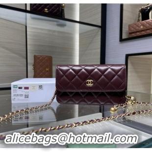 Good Product Chanel Lambskin Phone Holder with Chain and Gold-Tone Ball AP3071 Dark Burgundy 2024