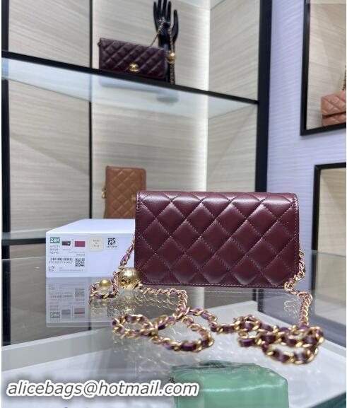 Good Product Chanel Lambskin Phone Holder with Chain and Gold-Tone Ball AP3071 Dark Burgundy 2024