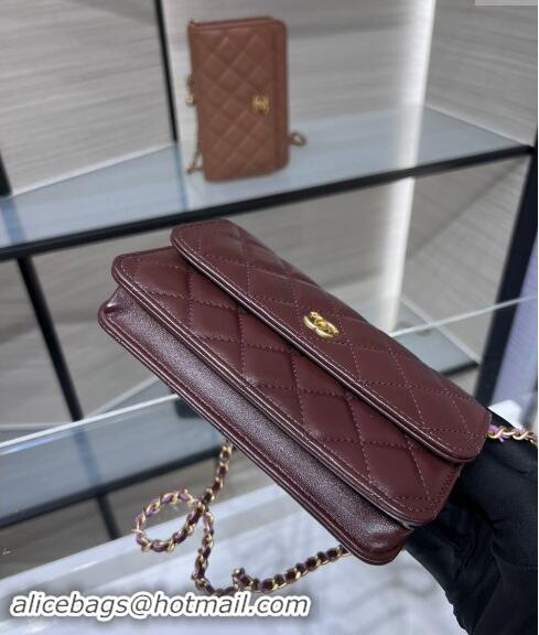 Good Product Chanel Lambskin Phone Holder with Chain and Gold-Tone Ball AP3071 Dark Burgundy 2024