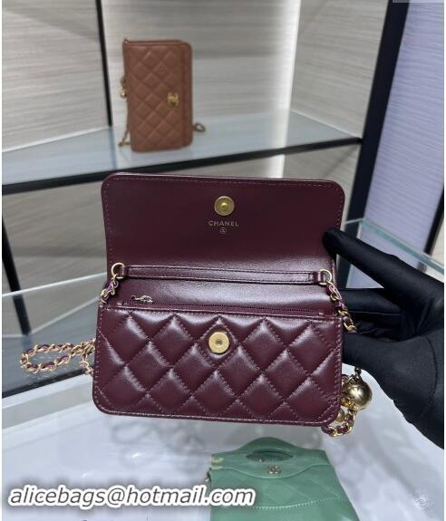 Good Product Chanel Lambskin Phone Holder with Chain and Gold-Tone Ball AP3071 Dark Burgundy 2024