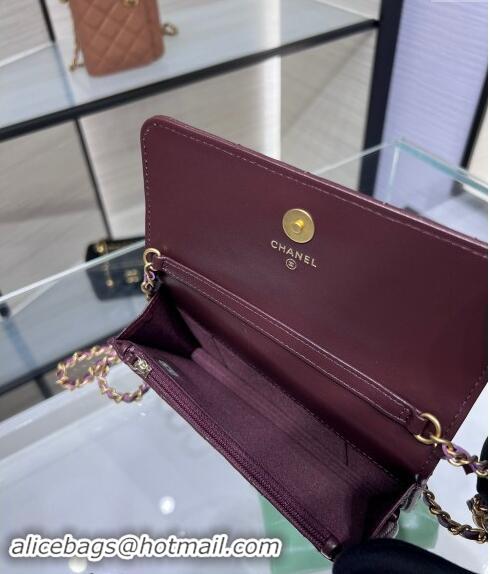 Good Product Chanel Lambskin Phone Holder with Chain and Gold-Tone Ball AP3071 Dark Burgundy 2024