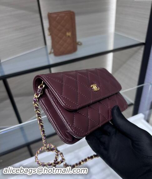 Good Product Chanel Lambskin Phone Holder with Chain and Gold-Tone Ball AP3071 Dark Burgundy 2024