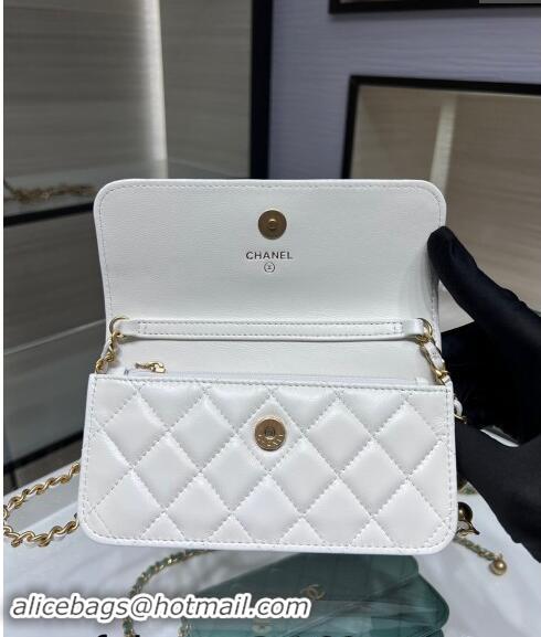 Grade Design Chanel Lambskin Phone Holder with Chain and Gold-Tone Ball AP3071 White 2024