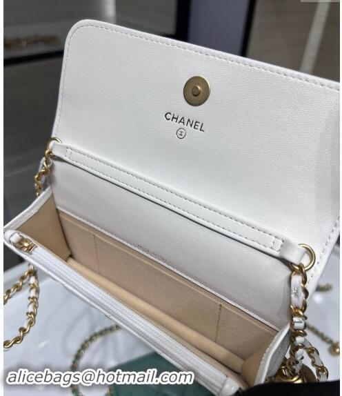 Grade Design Chanel Lambskin Phone Holder with Chain and Gold-Tone Ball AP3071 White 2024