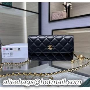 Top Quality Chanel Lambskin Phone Holder with Chain and Gold-Tone Ball AP3071 Black 2024