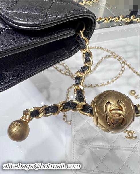 Top Quality Chanel Lambskin Phone Holder with Chain and Gold-Tone Ball AP3071 Black 2024