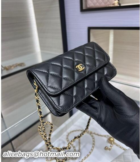 Top Quality Chanel Lambskin Phone Holder with Chain and Gold-Tone Ball AP3071 Black 2024