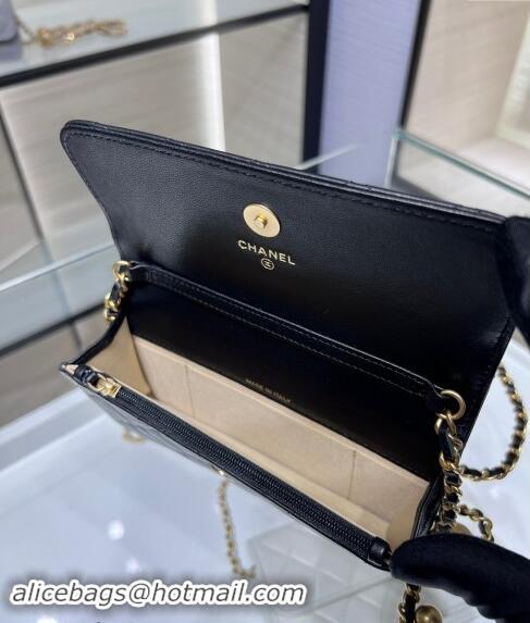 Top Quality Chanel Lambskin Phone Holder with Chain and Gold-Tone Ball AP3071 Black 2024