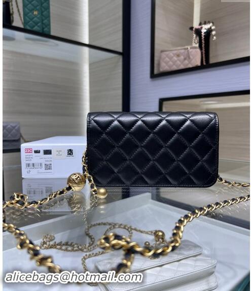 Top Quality Chanel Lambskin Phone Holder with Chain and Gold-Tone Ball AP3071 Black 2024