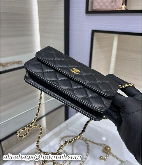 Top Quality Chanel Lambskin Phone Holder with Chain and Gold-Tone Ball AP3071 Black 2024