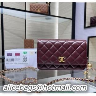 Top Grade Chanel Lambskin Wallet on Chain WOC with Gold-Tone Ball AP1450 Dark Burgundy 2024