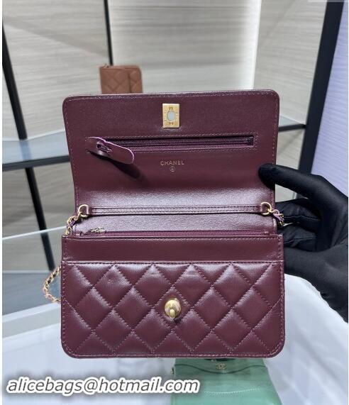 Top Grade Chanel Lambskin Wallet on Chain WOC with Gold-Tone Ball AP1450 Dark Burgundy 2024