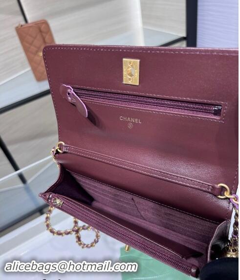 Top Grade Chanel Lambskin Wallet on Chain WOC with Gold-Tone Ball AP1450 Dark Burgundy 2024