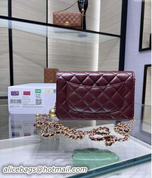 Top Grade Chanel Lambskin Wallet on Chain WOC with Gold-Tone Ball AP1450 Dark Burgundy 2024