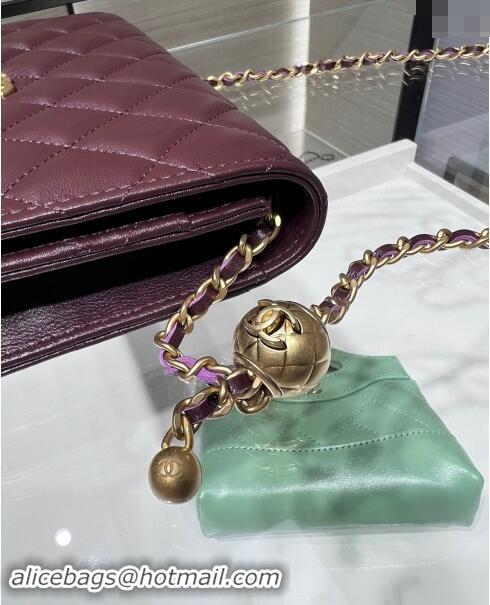 Top Grade Chanel Lambskin Wallet on Chain WOC with Gold-Tone Ball AP1450 Dark Burgundy 2024