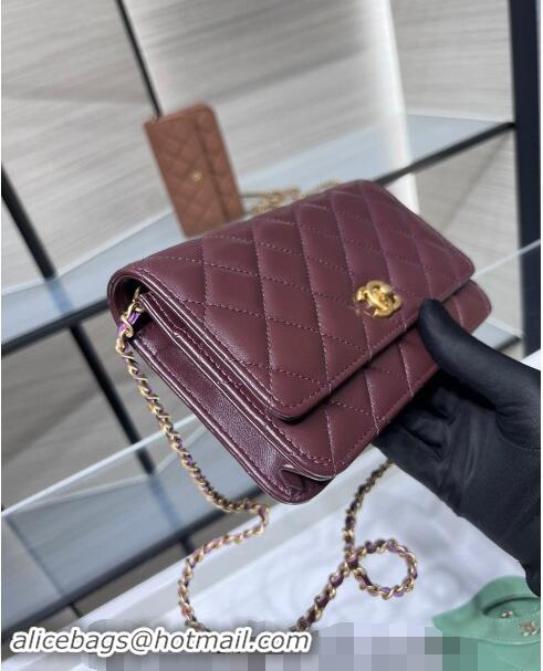 Top Grade Chanel Lambskin Wallet on Chain WOC with Gold-Tone Ball AP1450 Dark Burgundy 2024