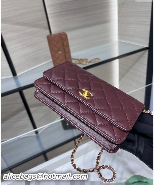 Top Grade Chanel Lambskin Wallet on Chain WOC with Gold-Tone Ball AP1450 Dark Burgundy 2024