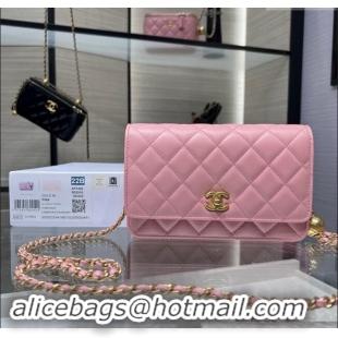 Super Quality Chanel Lambskin Wallet on Chain WOC with Gold-Tone Ball AP1450 Light Pink 2024