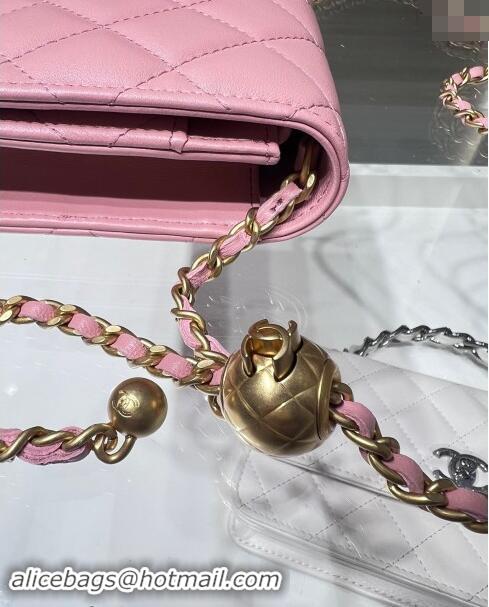 Super Quality Chanel Lambskin Wallet on Chain WOC with Gold-Tone Ball AP1450 Light Pink 2024