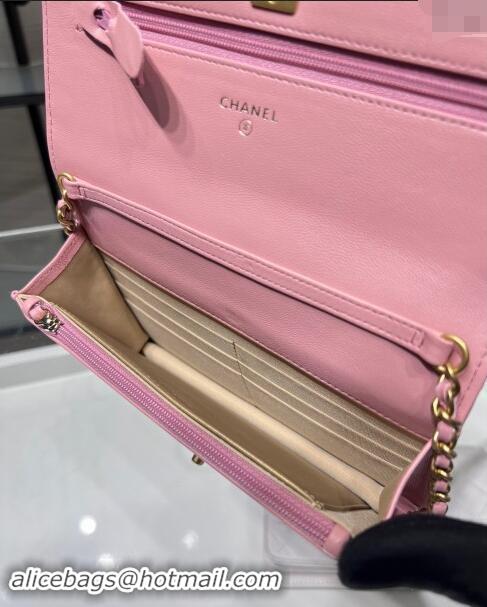 Super Quality Chanel Lambskin Wallet on Chain WOC with Gold-Tone Ball AP1450 Light Pink 2024