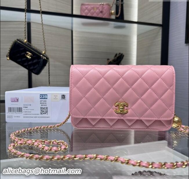 Super Quality Chanel Lambskin Wallet on Chain WOC with Gold-Tone Ball AP1450 Light Pink 2024