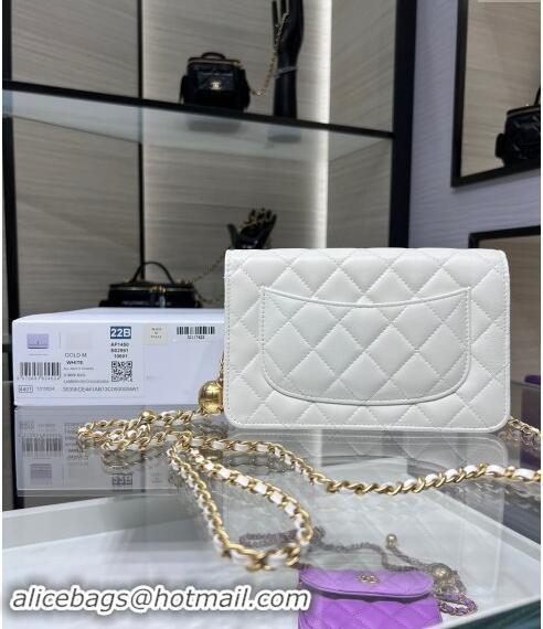 Well Crafted Chanel Lambskin Wallet on Chain WOC with Gold-Tone Ball AP1450 White 2024