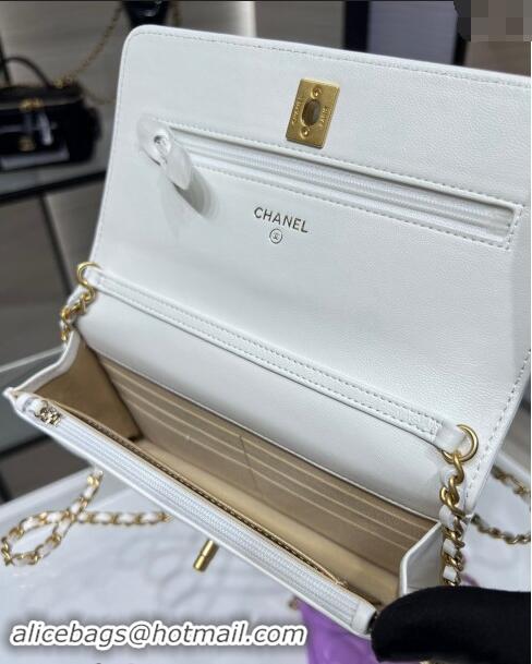 Well Crafted Chanel Lambskin Wallet on Chain WOC with Gold-Tone Ball AP1450 White 2024