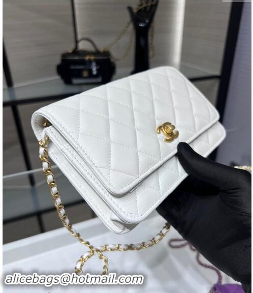 Well Crafted Chanel Lambskin Wallet on Chain WOC with Gold-Tone Ball AP1450 White 2024