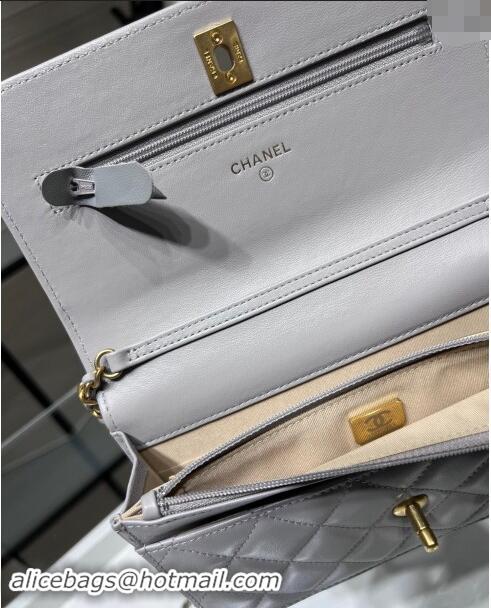 Top Design Chanel Lambskin Wallet on Chain WOC with Gold-Tone Ball AP1450 Light Grey 2024