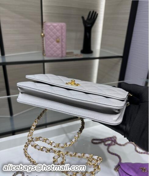 Top Design Chanel Lambskin Wallet on Chain WOC with Gold-Tone Ball AP1450 Light Grey 2024