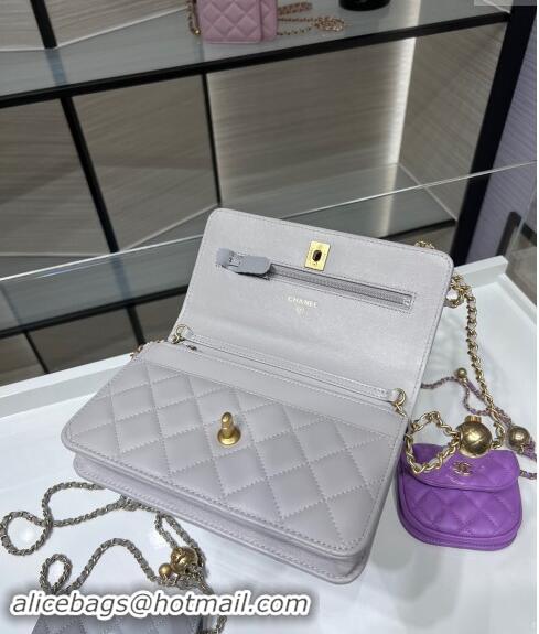 Top Design Chanel Lambskin Wallet on Chain WOC with Gold-Tone Ball AP1450 Light Grey 2024