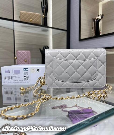 Top Design Chanel Lambskin Wallet on Chain WOC with Gold-Tone Ball AP1450 Light Grey 2024