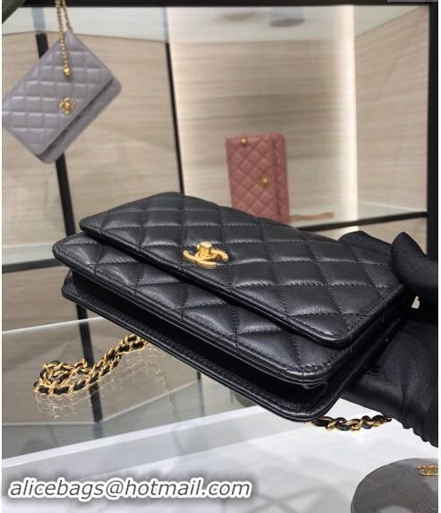 Luxury Cheap Chanel Lambskin Wallet on Chain WOC with Gold-Tone Ball AP1450 Black 2024