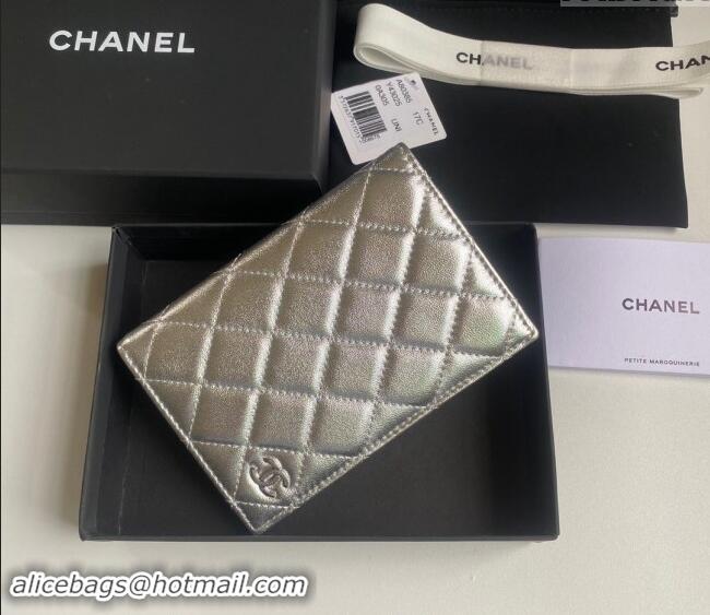 Most Popular Chanel Metallic Calfskin Passport Cover A80385 Silver 2024