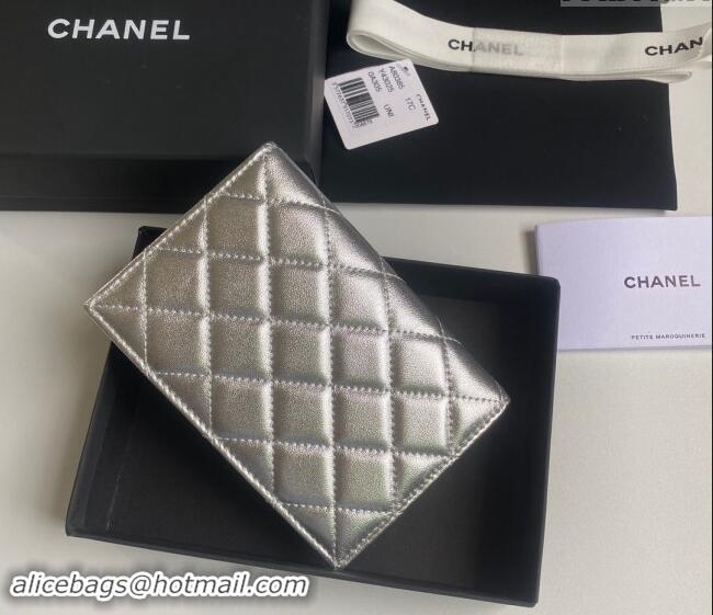 Most Popular Chanel Metallic Calfskin Passport Cover A80385 Silver 2024